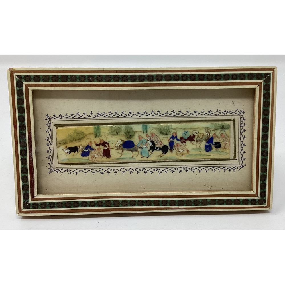 Persian Miniature Painting on Bone Khatam Inlay Frame Hand Painted Village Scene